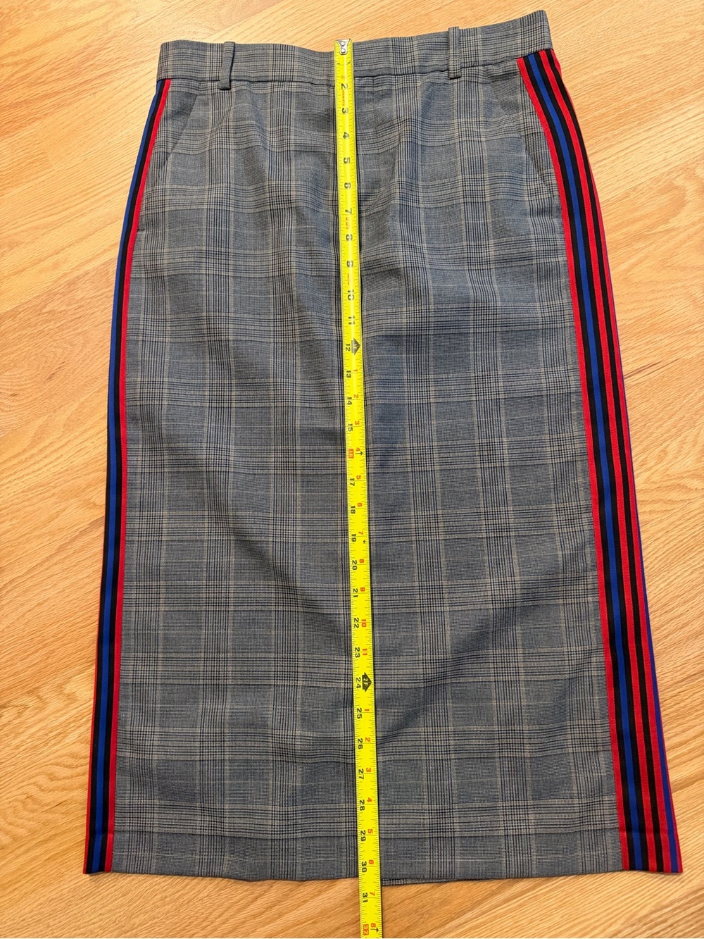 Zara Woman Grey Plaid Pencil Skirt with Red/Blue Side Stripe Sz M - Picture 3 of 10